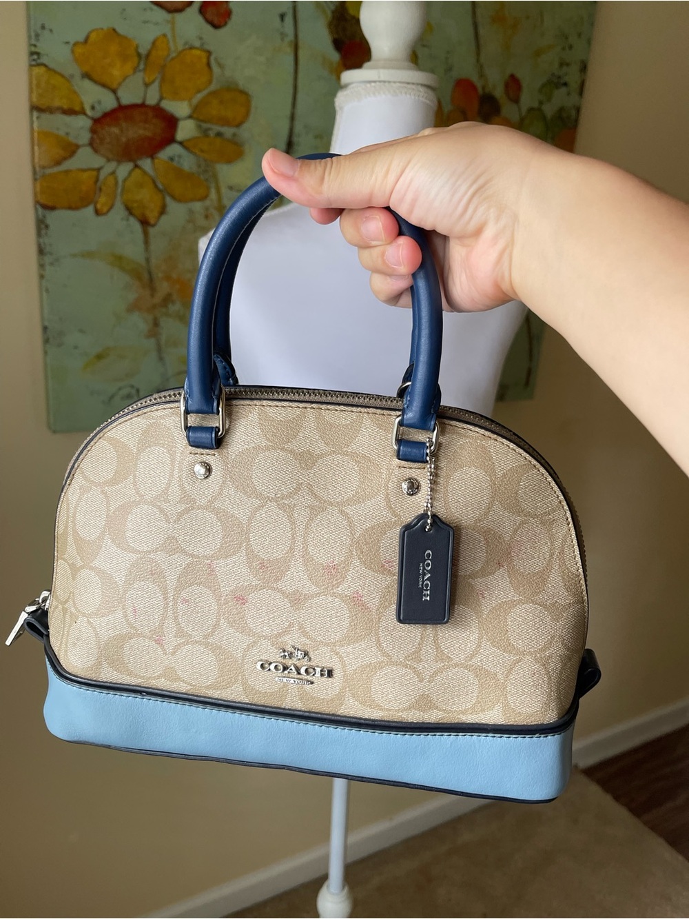 COACH Beige Signature Dome Satchel with Blue Trim